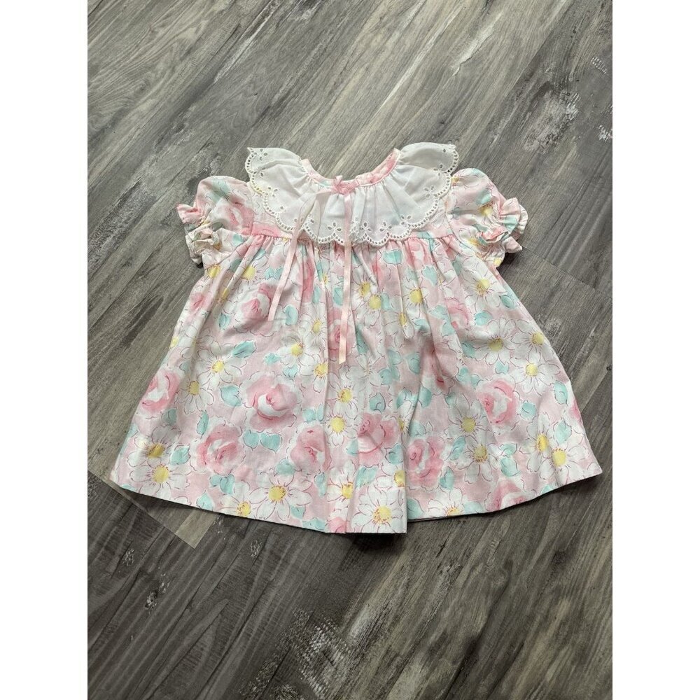 Vintage Girls Dress 12 Months Party Floral Pink Blue Bib Lace Flower 80s 90s